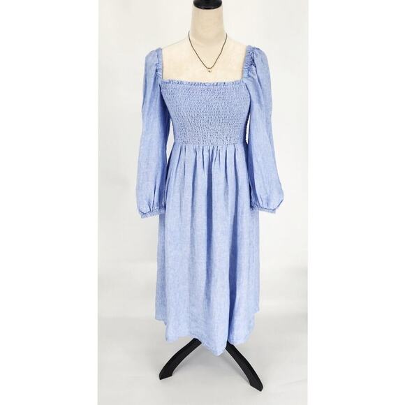 J.Crew Linen Daydream Smocked Puff-Sleeve Midi Dress – Size S – French Blue - Picture 2 of 8